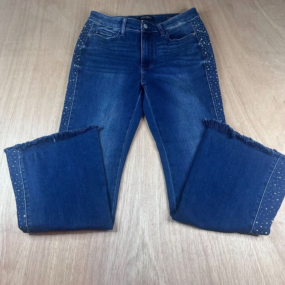Judy Blue Women’s Flare Jeans Size 11/30 Dark Wash Studded Sides Frayed Hem